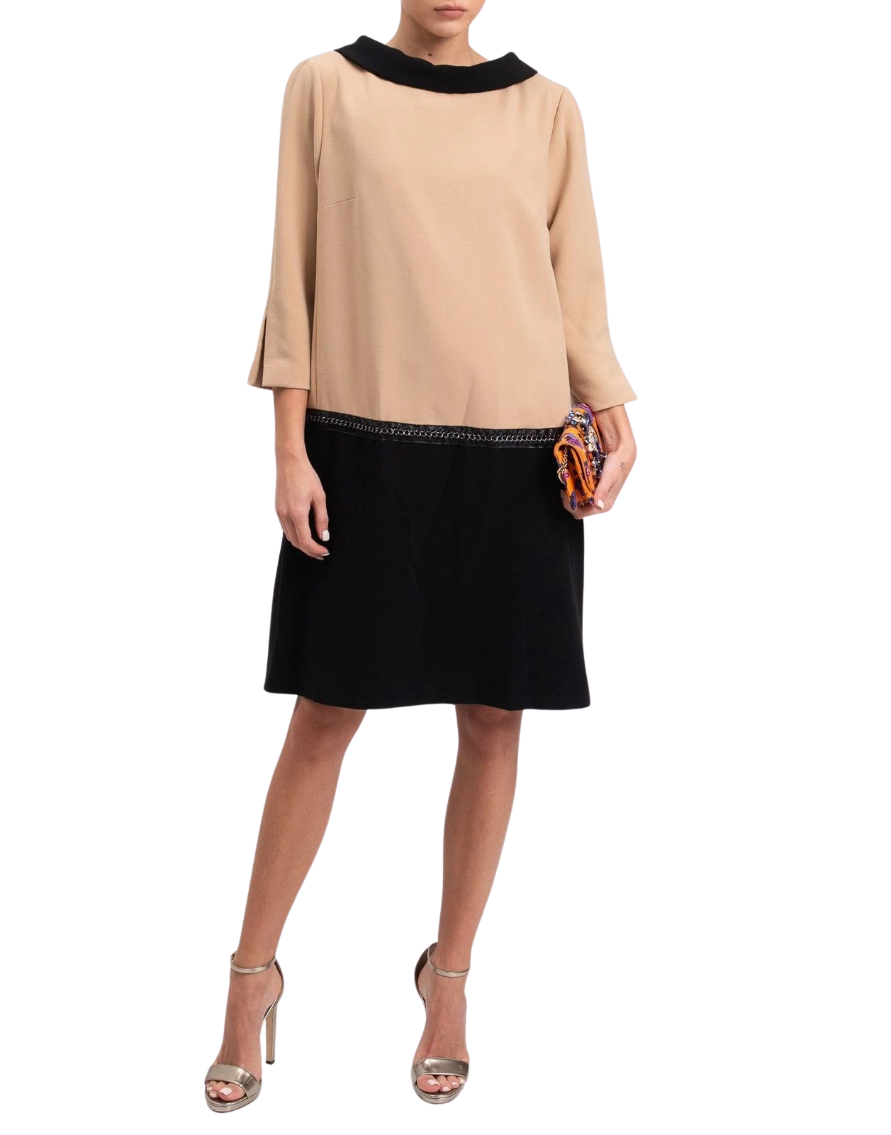 CLIPS Shift Dress — IT 46 / US 10 / UK 14 (XL) — Beige & Black — Lined • Chain Trim — Made in Italy