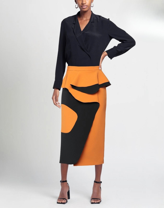 ROKSANDA Crepe Midi Peplum Skirt — UK 10 / US 6 / IT 42 (M) — Orange & Black Color-Block