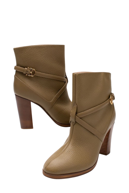 POLLINI Leather Ankle Boots — EU 38  — Olive Green (Made in Italy)