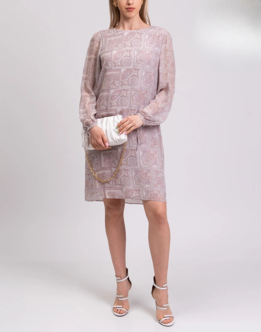 HEMISPHERE Shift Dress — Size S — Paisley • Tie Cuffs • Keyhole Back • Long Sleeve