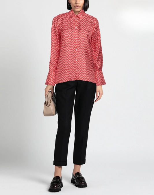 SANDRO Silk Satin Shirt — Size 2 (M) — Red Print • Long Sleeves • Collared