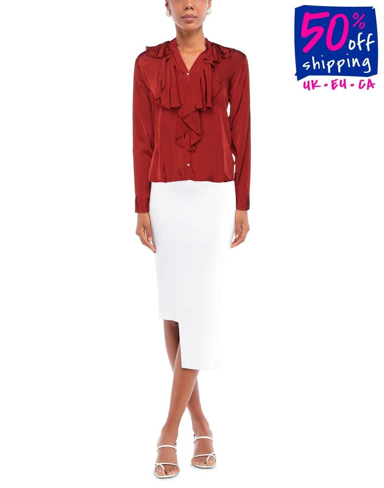 HIGH USE Twill Button-Up Shirt — IT 40 / US 4 / UK 8 (S) — Ruffles • Long Sleeve • V-Neck