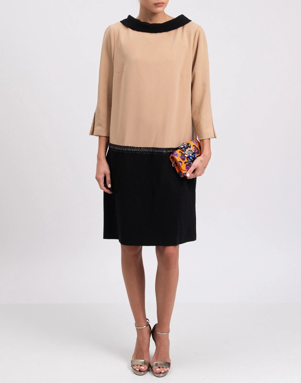 CLIPS Shift Dress — IT 46 / US 10 / UK 14 (XL) — Beige & Black — Lined • Chain Trim — Made in Italy