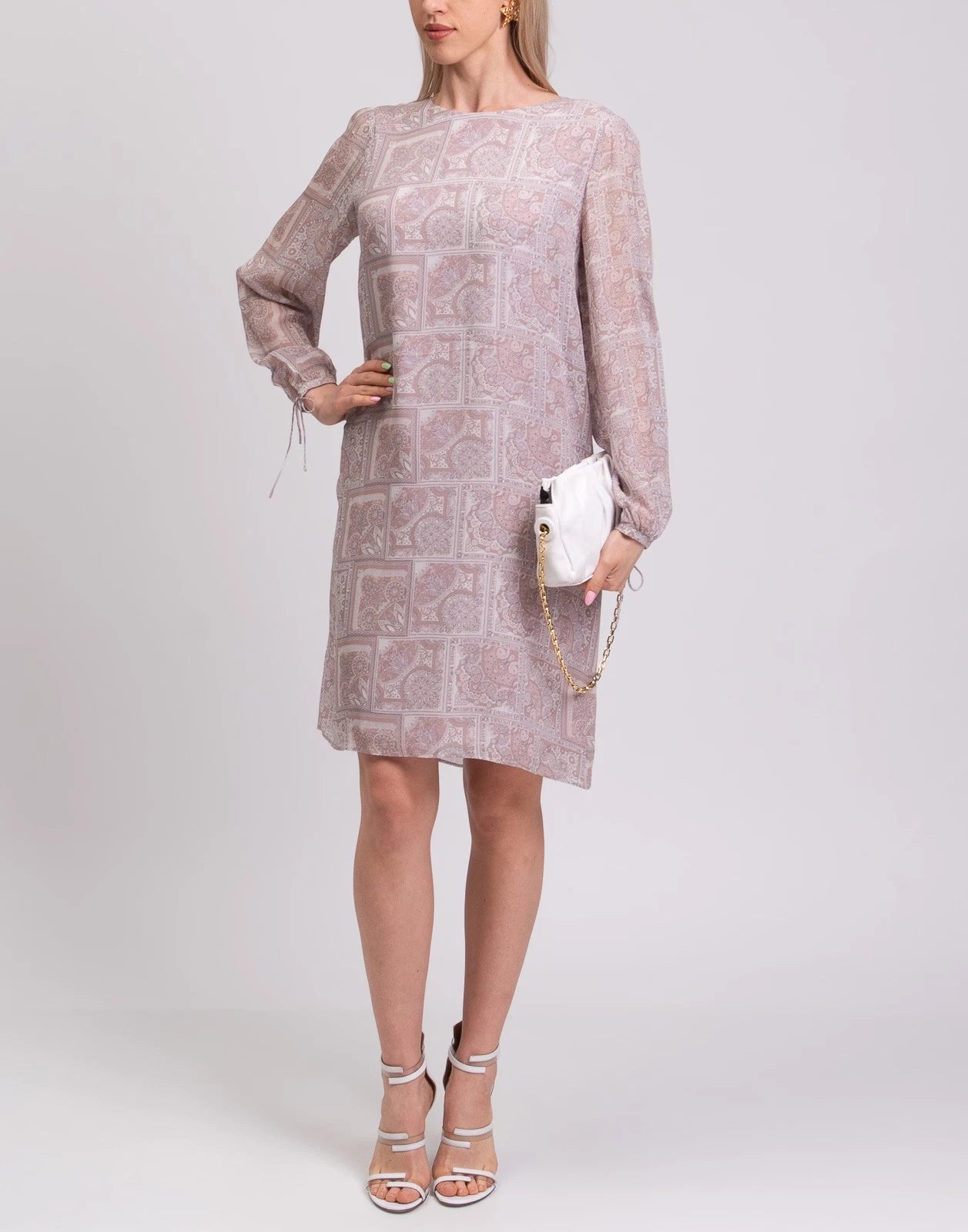 HEMISPHERE Shift Dress — Size S — Paisley • Tie Cuffs • Keyhole Back • Long Sleeve