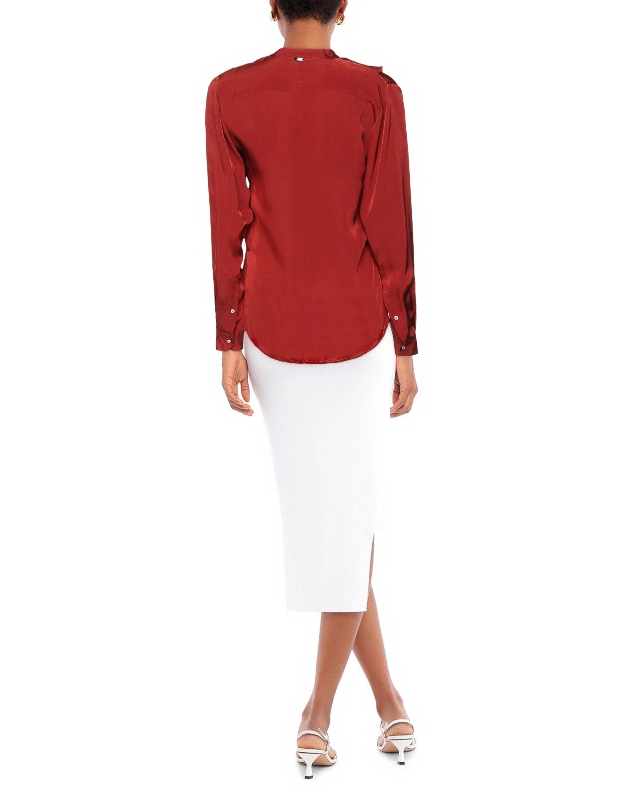 HIGH USE Twill Button-Up Shirt — IT 40 / US 4 / UK 8 (S) — Ruffles • Long Sleeve • V-Neck