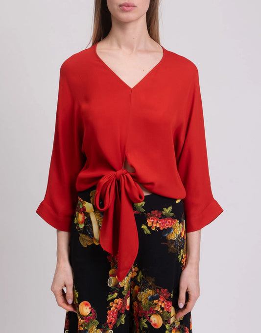 “8” Crepe Top Blouse — IT 38 (XS) — V-Neck, Tie-Bow, Bracelet Sleeve