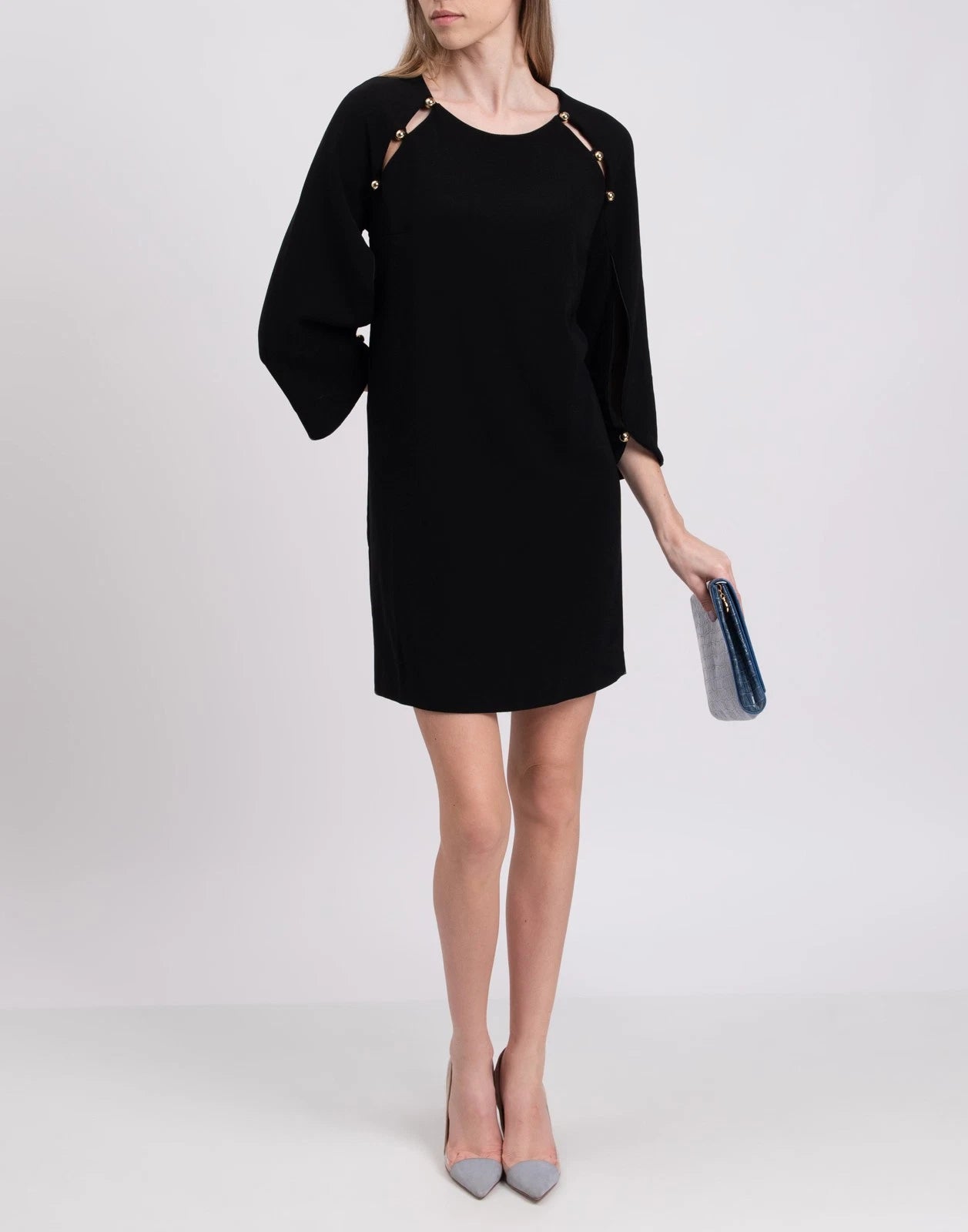 ANNARITA N Shift Dress — IT 44 — Black — Beaded • 3/4 Sleeve — Made in Italy