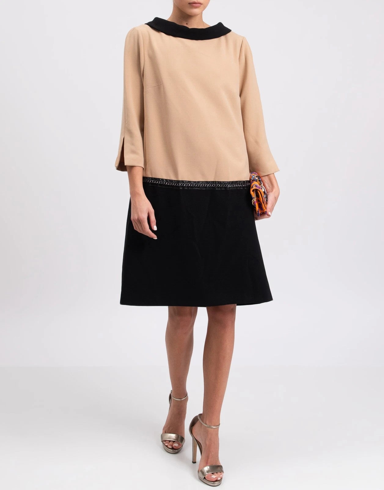 CLIPS Shift Dress — IT 46 / US 10 / UK 14 (XL) — Beige & Black — Lined • Chain Trim — Made in Italy