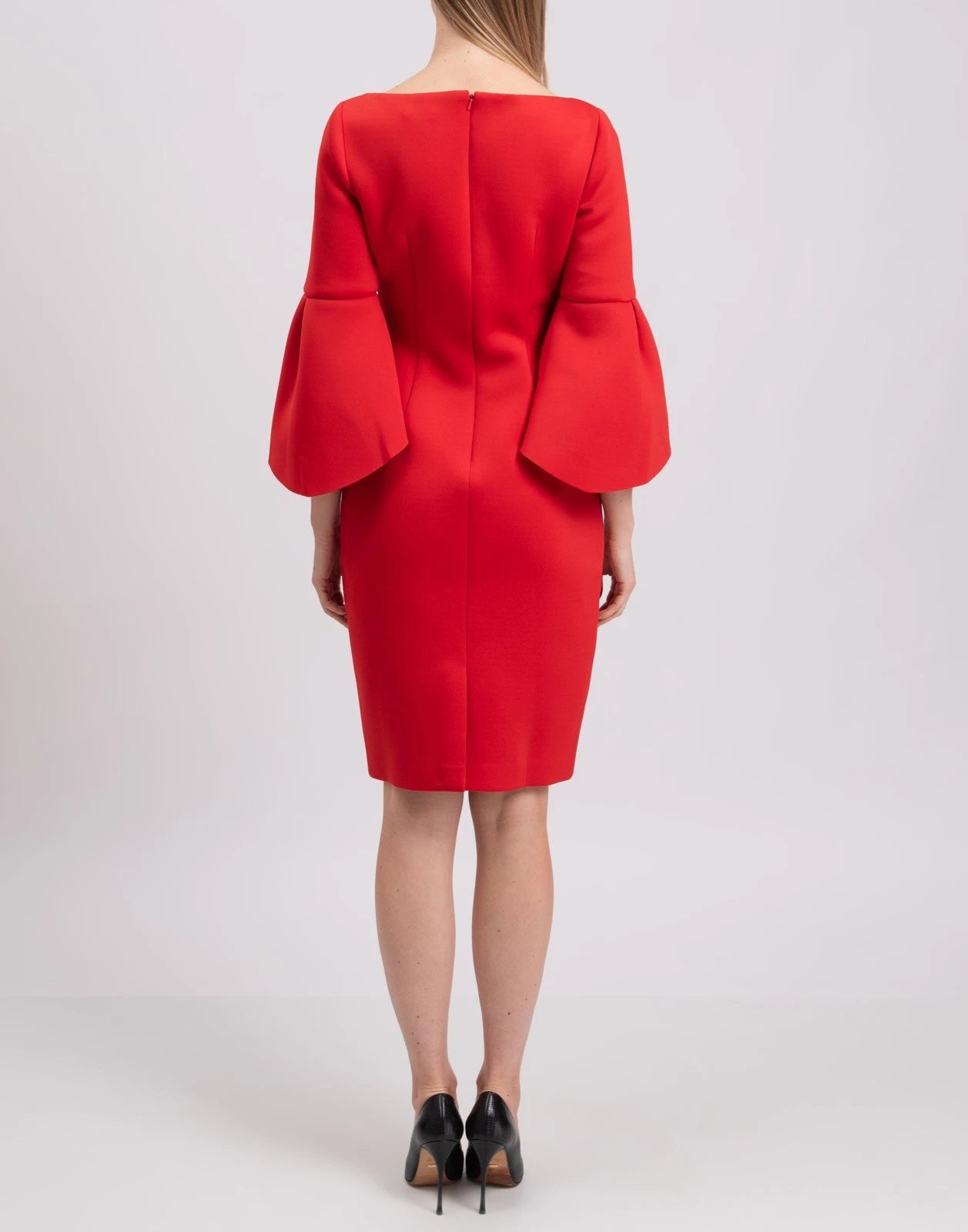 BADGLEY MISCHKA Scuba Pencil Dress — US 4 / UK 8 / IT 40 (S) — Red — Flared Cuffs • Boat Neck