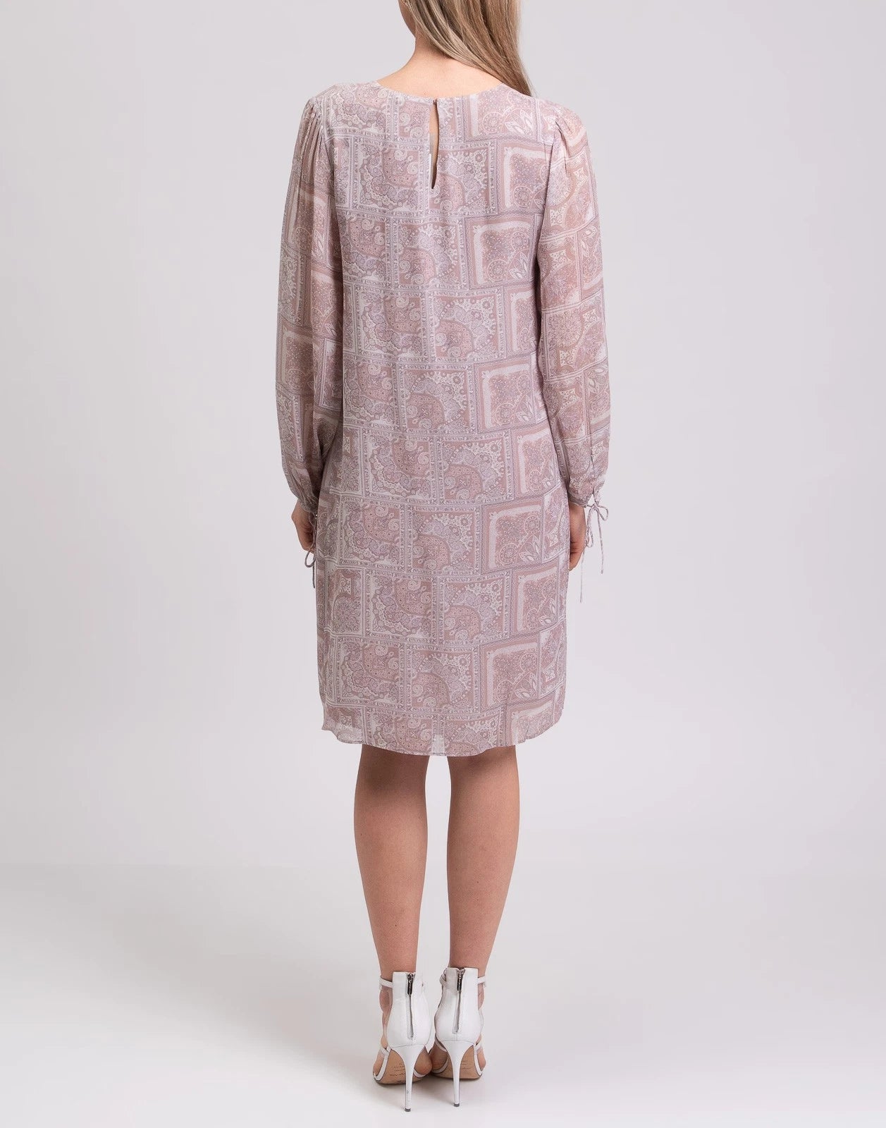 HEMISPHERE Shift Dress — Size S — Paisley • Tie Cuffs • Keyhole Back • Long Sleeve