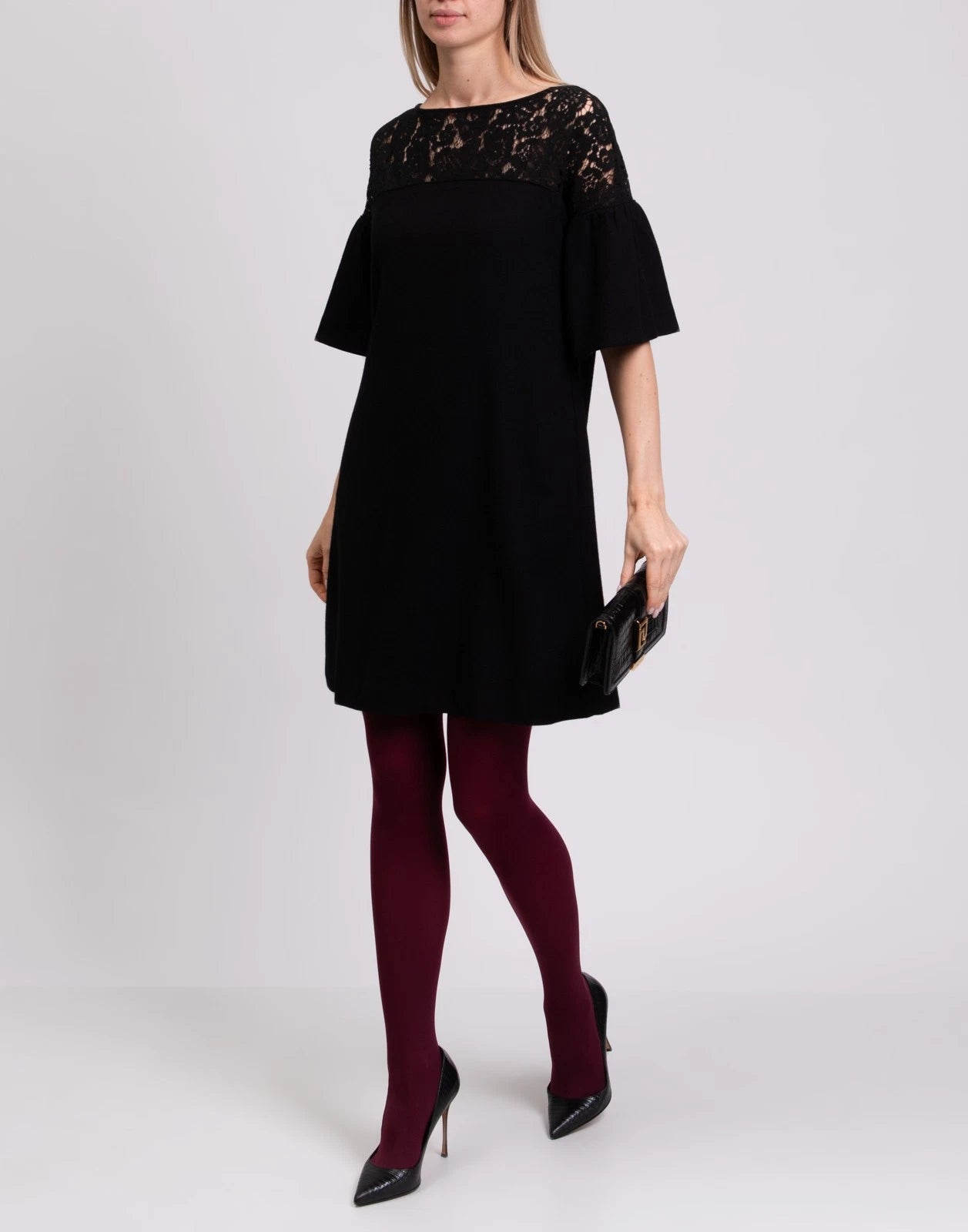 GOAT Wool Sheath Dress — UK 8 (S) — Black — Lace Insert • Bell Sleeve • Boat Neck