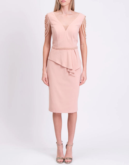 MAESTRI Crepe Sheath Dress — UK 14 / US 10 / IT 46 (XL) — Beaded • Peplum