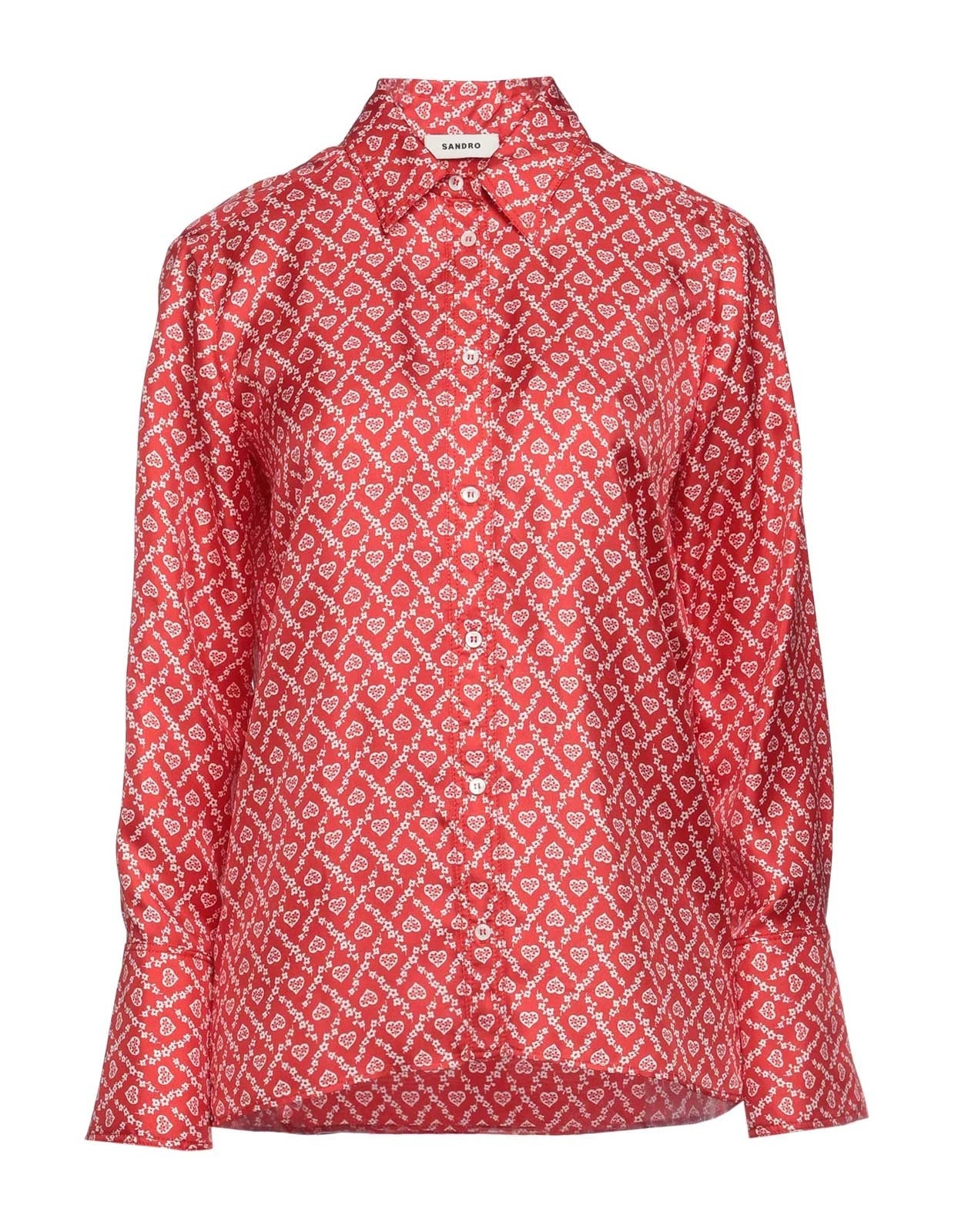 SANDRO Silk Satin Shirt — Size 2 (M) — Red Print • Long Sleeves • Collared