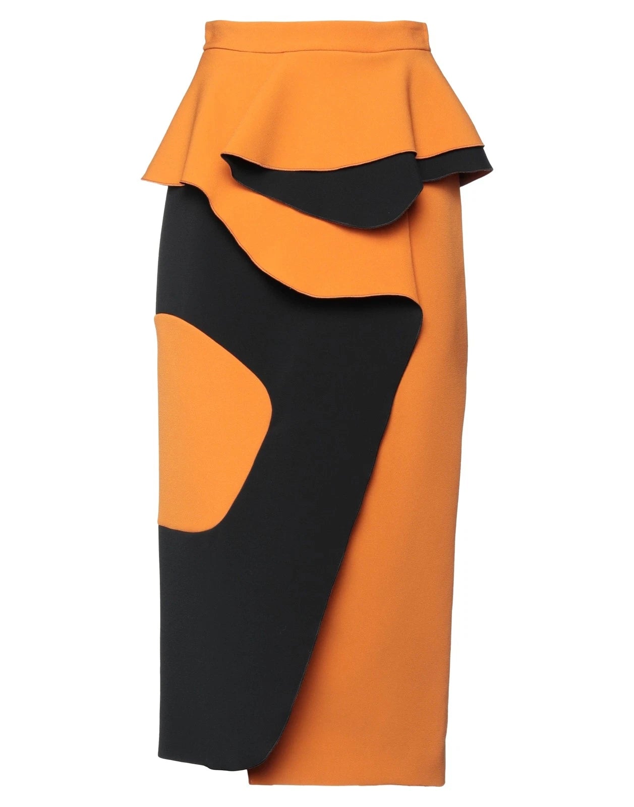 ROKSANDA Crepe Midi Peplum Skirt — UK 10 / US 6 / IT 42 (M) — Orange & Black Color-Block