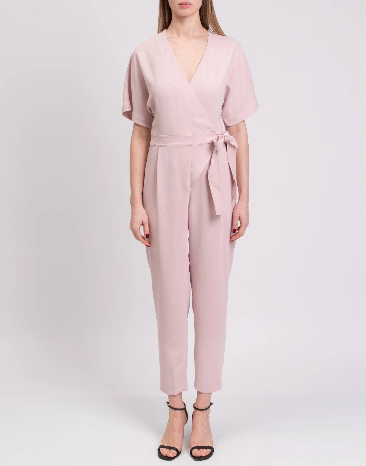 P.A.R.O.S.H. Wrap Jumpsuit XS Blush Pink Tie Belt Cropped Leg V-Neck
