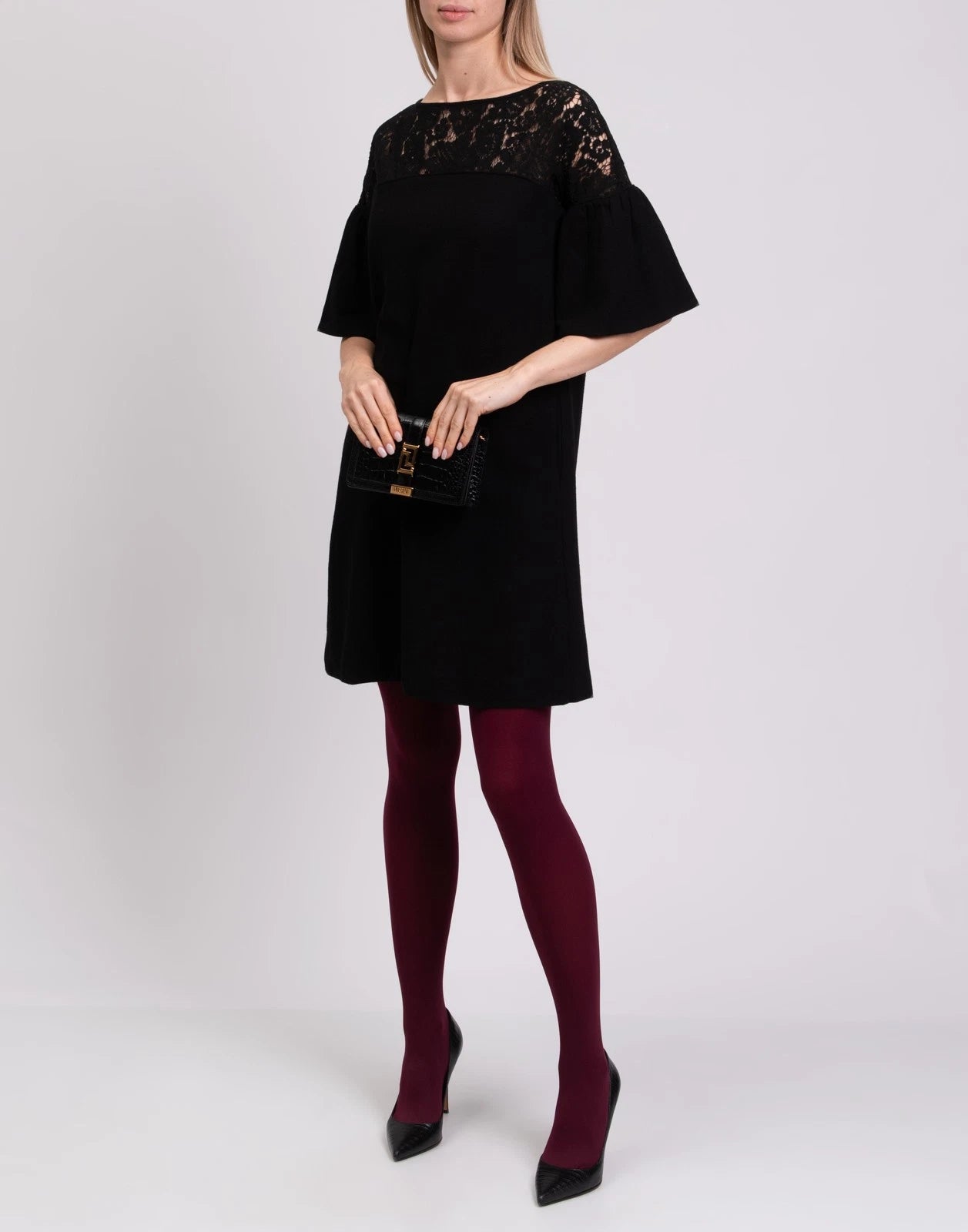 GOAT Wool Sheath Dress — UK 8 (S) — Black — Lace Insert • Bell Sleeve • Boat Neck