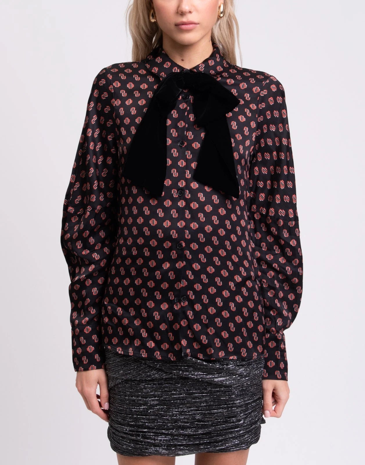 MAJE “Camilla” Top/Blouse — Size 1 (US 4 / S) — Monogram Pattern • Bow Detail