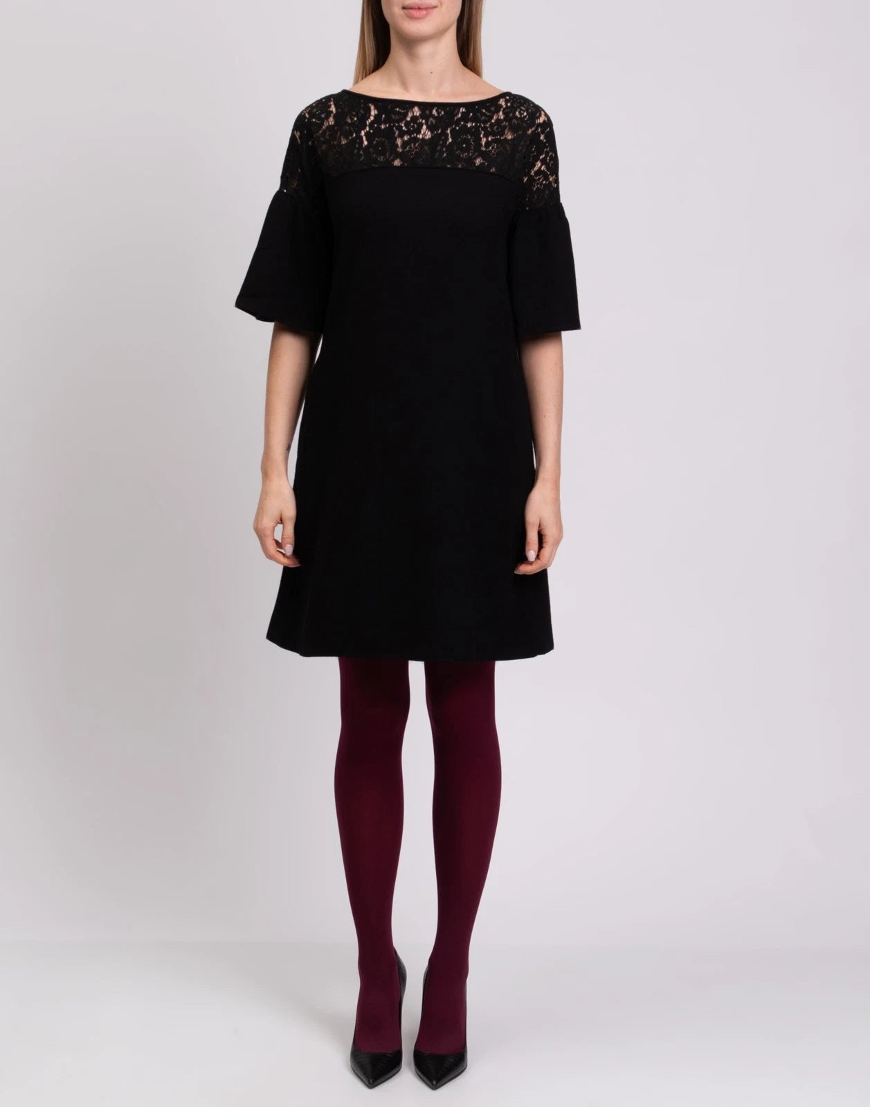 GOAT Wool Sheath Dress — UK 8 (S) — Black — Lace Insert • Bell Sleeve • Boat Neck
