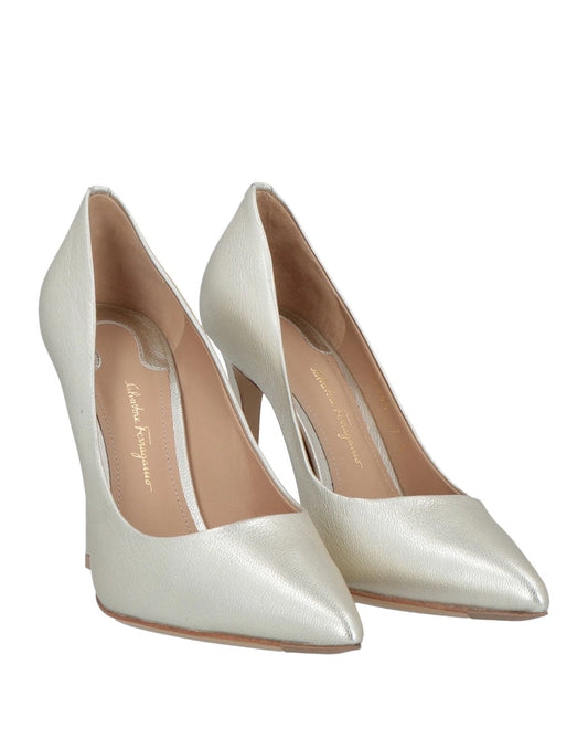 SALVATORE FERRAGAMO Leather Pump Shoes — US 7 / UK 4 / EU 37.5 — Silver • Stiletto