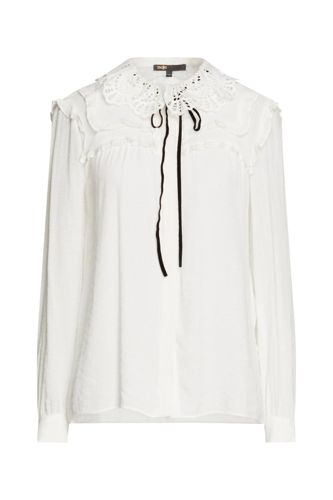 MAJE Crepe Blouse — Size US 4 / 1 (S) — Ruffled • Gathered • Sangallo Lace Collar