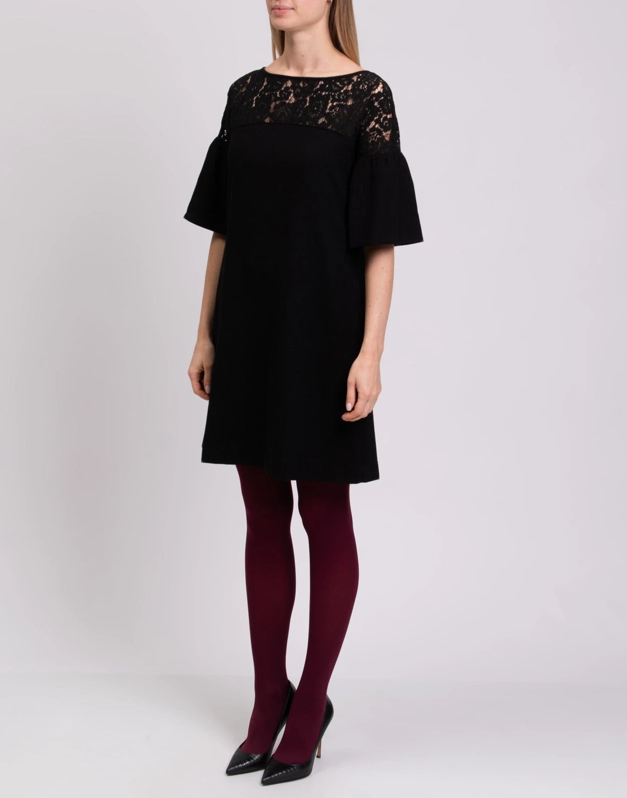 GOAT Wool Sheath Dress — UK 8 (S) — Black — Lace Insert • Bell Sleeve • Boat Neck