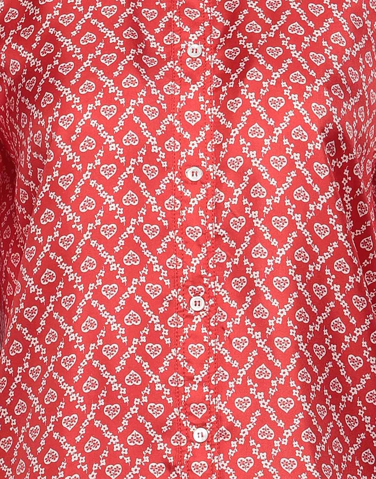 SANDRO Silk Satin Shirt — Size 2 (M) — Red Print • Long Sleeves • Collared