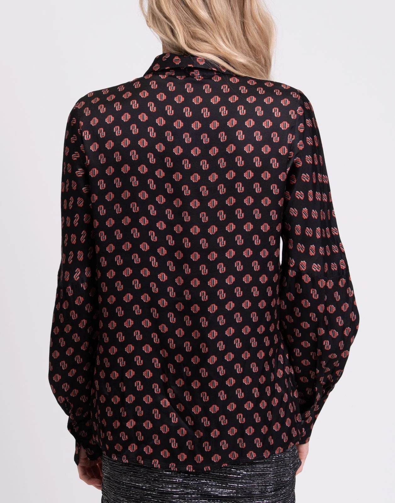 MAJE “Camilla” Top/Blouse — Size 1 (US 4 / S) — Monogram Pattern • Bow Detail