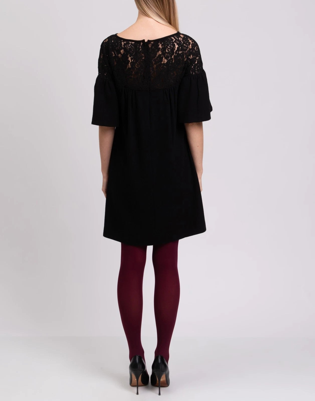 GOAT Wool Sheath Dress — UK 8 (S) — Black — Lace Insert • Bell Sleeve • Boat Neck