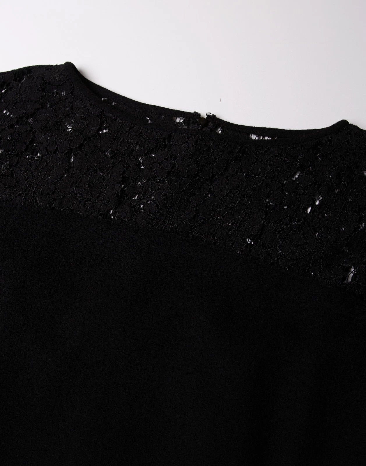 GOAT Wool Sheath Dress — UK 8 (S) — Black — Lace Insert • Bell Sleeve • Boat Neck