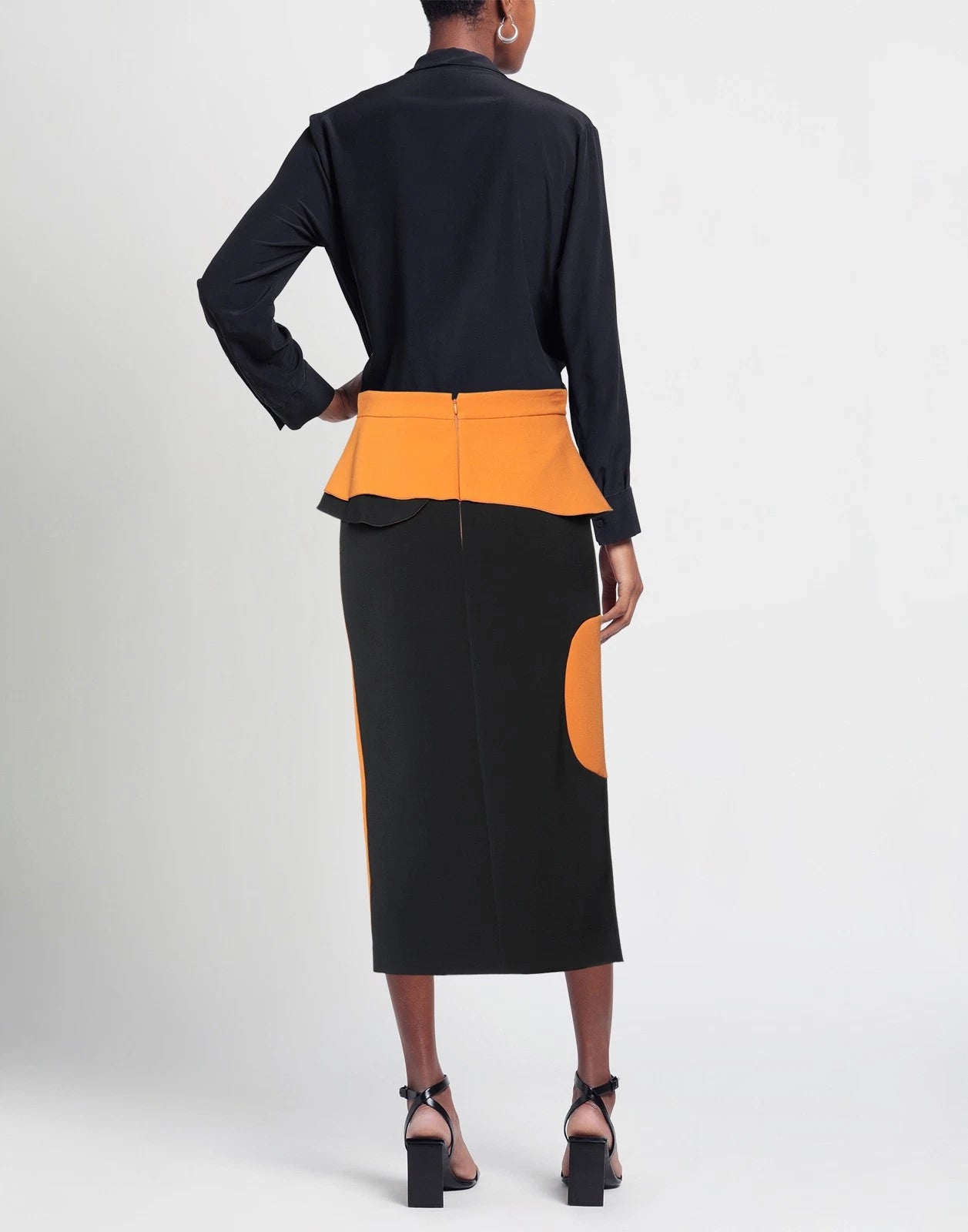 ROKSANDA Crepe Midi Peplum Skirt — UK 10 / US 6 / IT 42 (M) — Orange & Black Color-Block